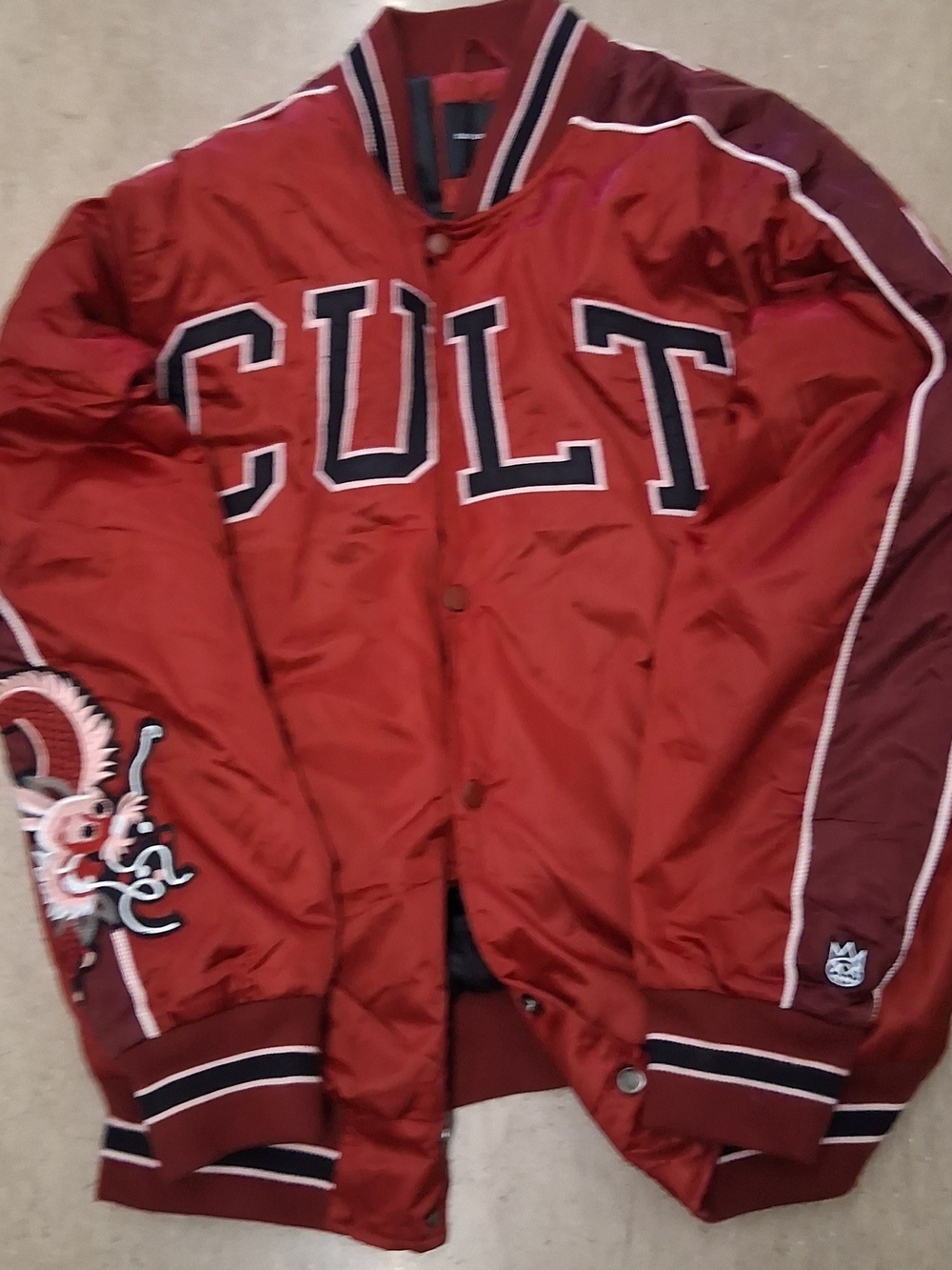 Cult of Individuality Red Satin Varsity Bomber Jacket with Embroidered Dragon!